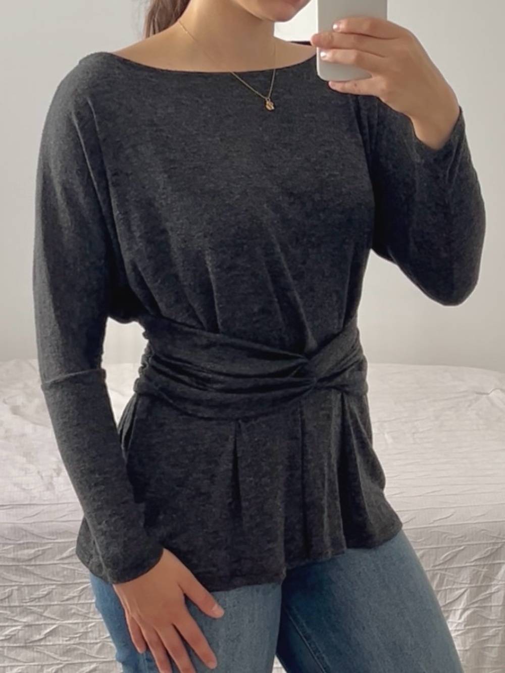 Charcoal Twist-Waist Long Sleeve Top